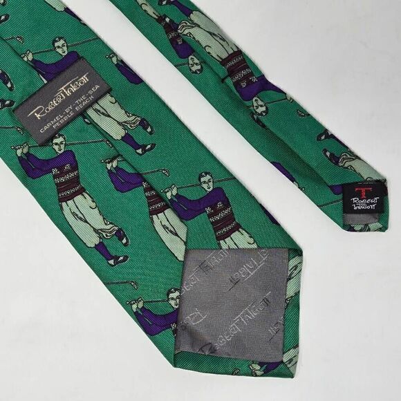ROBERT TALBOTT CARMEL SILK TIE GREEN PURPLE VINTAGE GOLFER PRINT 3.75" X 56" - Picture 2 of 2